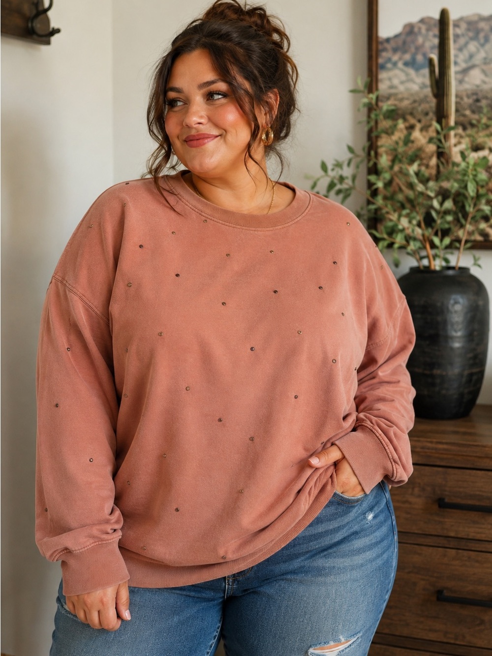Maurices Dusty Rose Studded Crewneck Sweatshirt